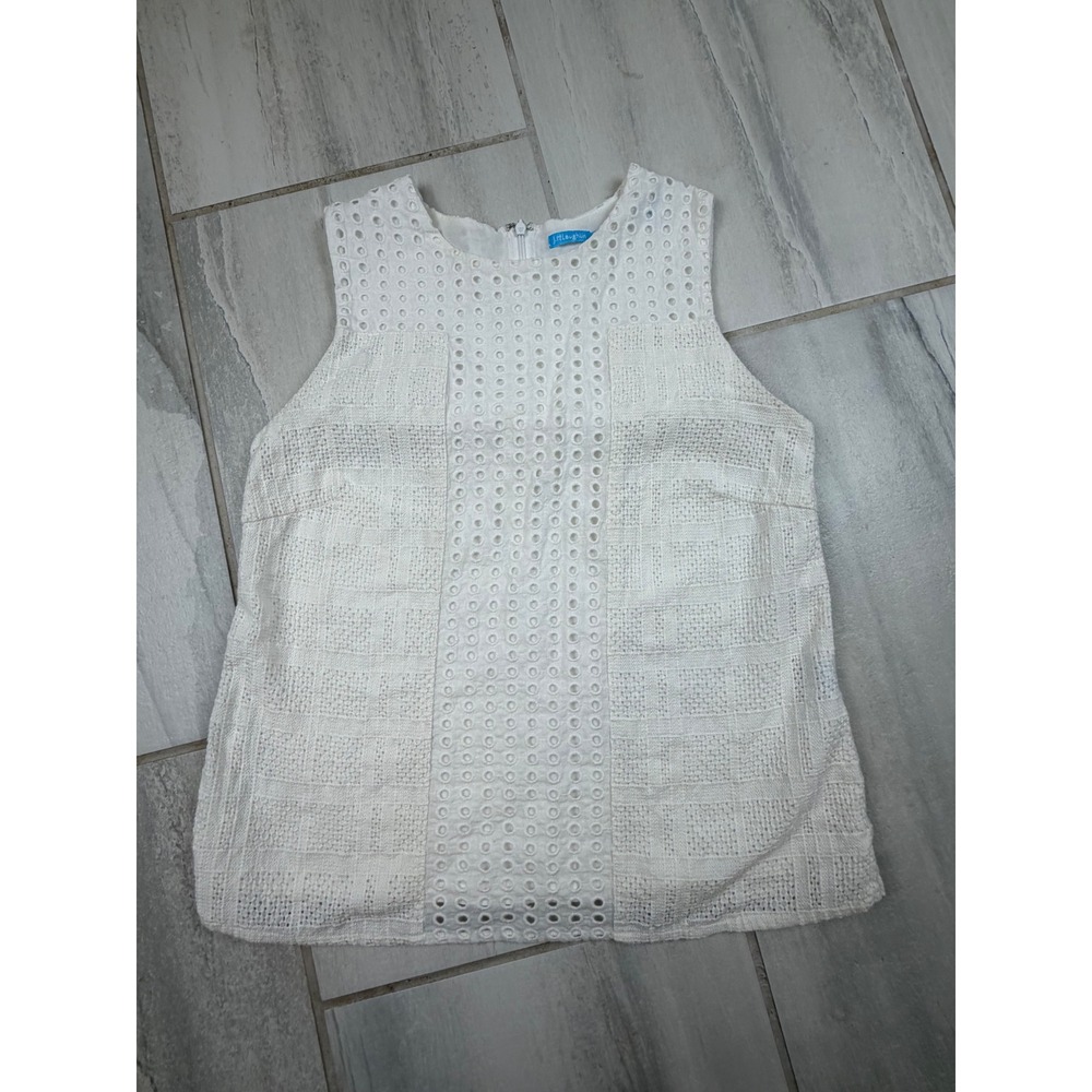 J.McLaughlin White Eyelet Cotton Sleeveless Blouse Top Small Woven Grid Zip Back